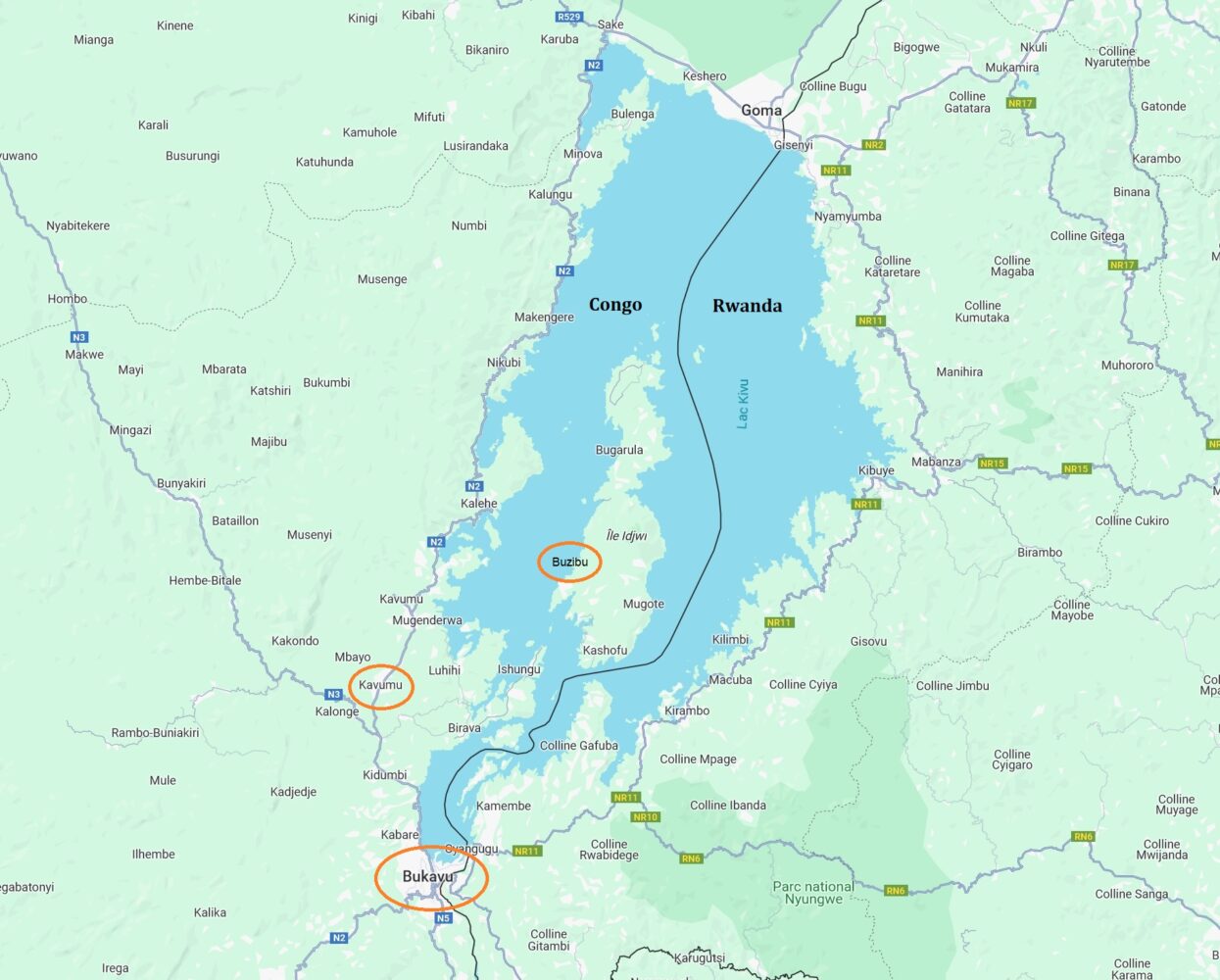 kaart Oost-Congo DR Congo Rwanda Bukavu Kavumu Buzibu eiland Idjwi projectgebieden stichting Adavoc
